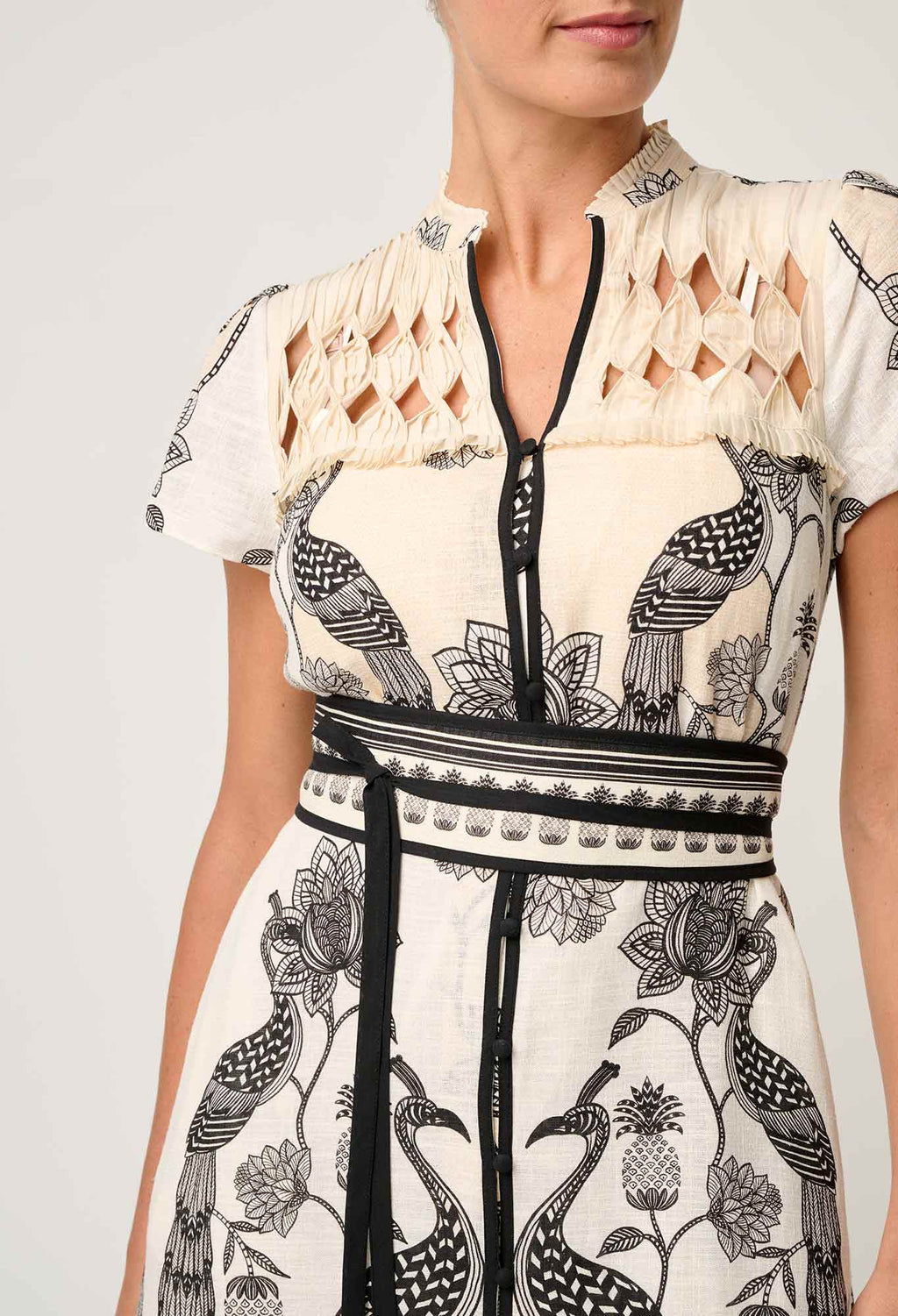 Shop Oncewas Xanthia Diamond Smock Yoke Linen Viscose Dress in Imperial Stone - OnceWas