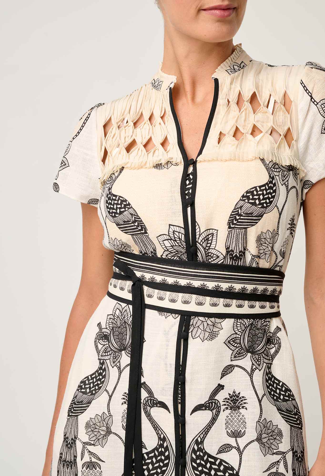 Shop Oncewas Xanthia Diamond Smock Yoke Linen Viscose Dress in Imperial Stone - OnceWas