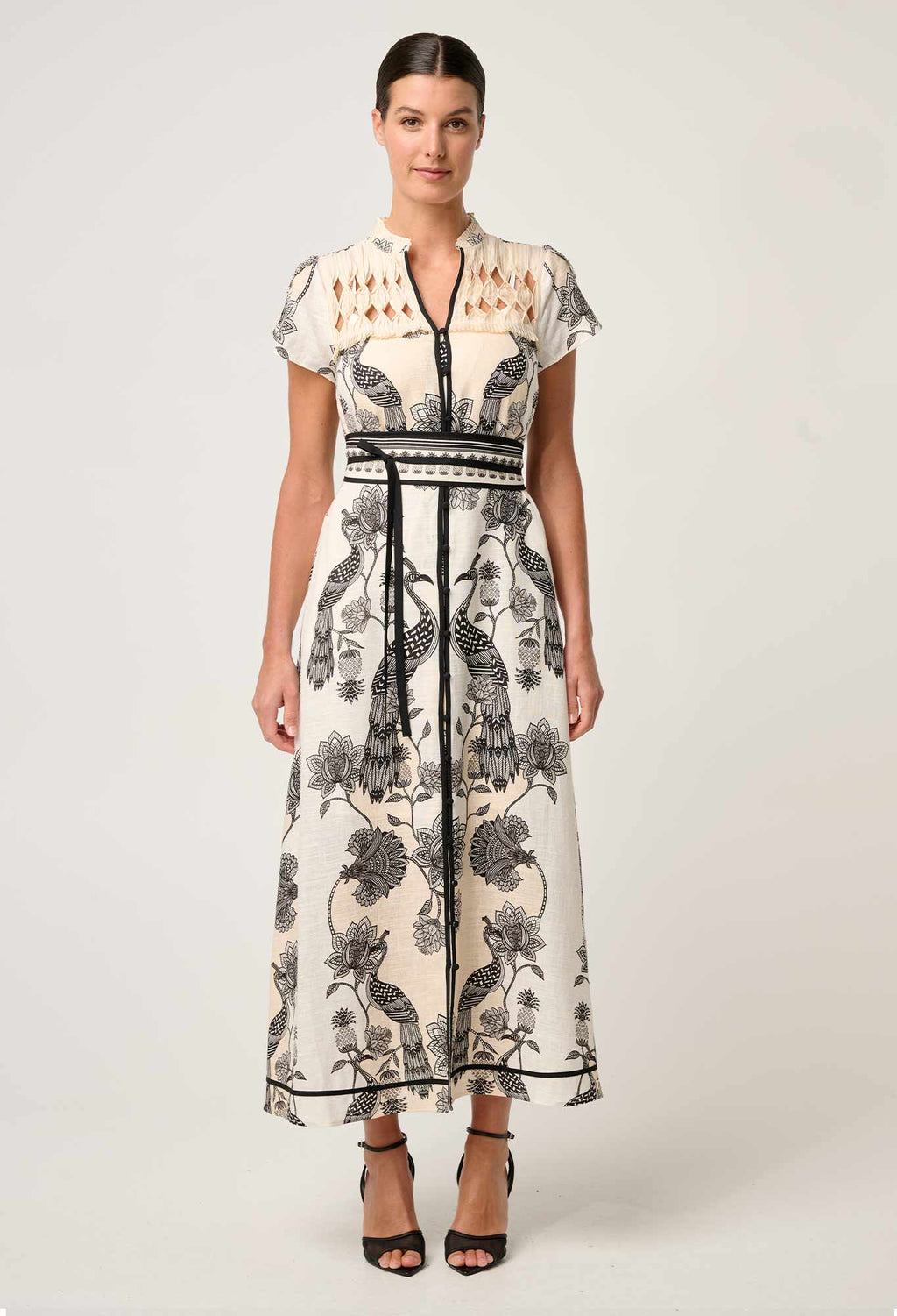 Shop Oncewas Xanthia Diamond Smock Yoke Linen Viscose Dress in Imperial Stone - OnceWas