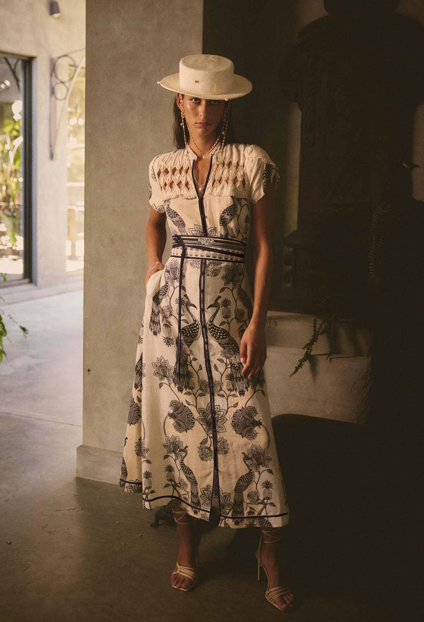 Shop Oncewas Xanthia Diamond Smock Yoke Linen Viscose Dress in Imperial Stone - OnceWas