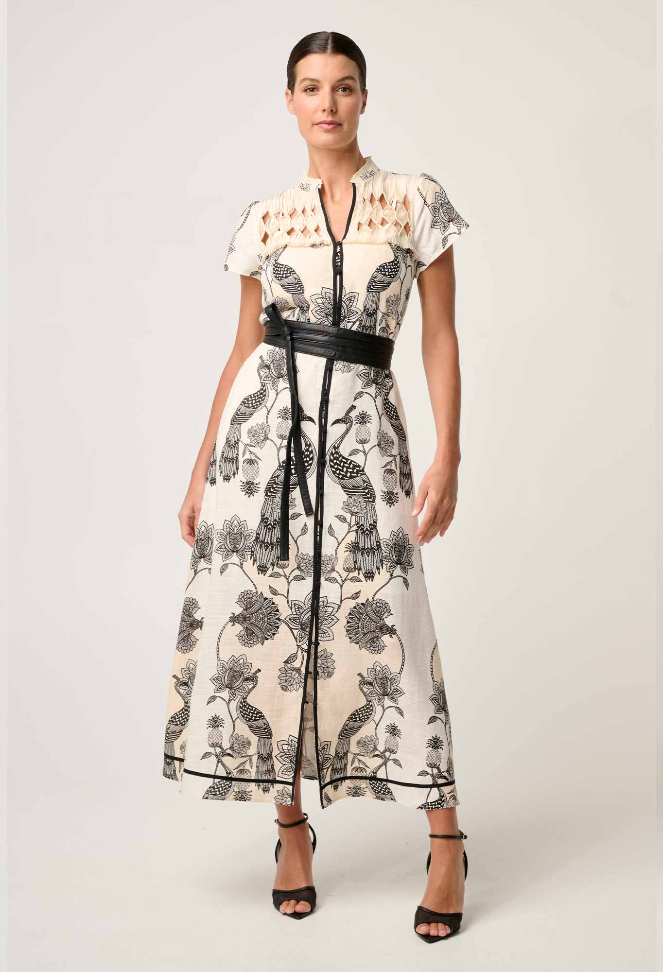 Shop Oncewas Xanthia Diamond Smock Yoke Linen Viscose Dress in Imperial Stone - OnceWas