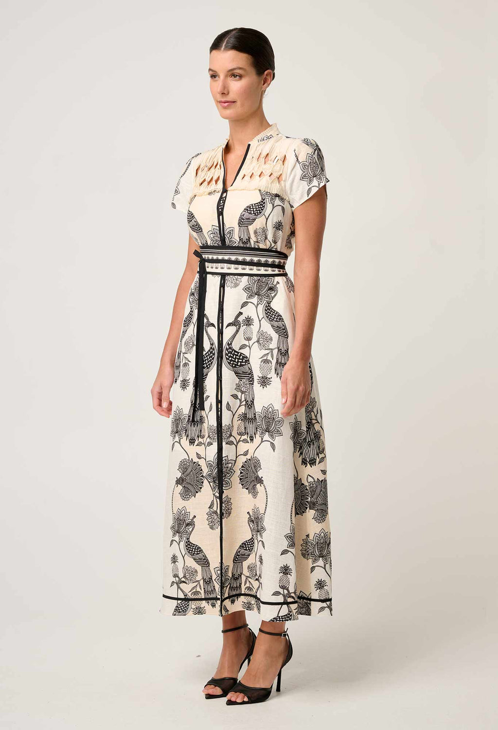 Shop Oncewas Xanthia Diamond Smock Yoke Linen Viscose Dress in Imperial Stone - OnceWas