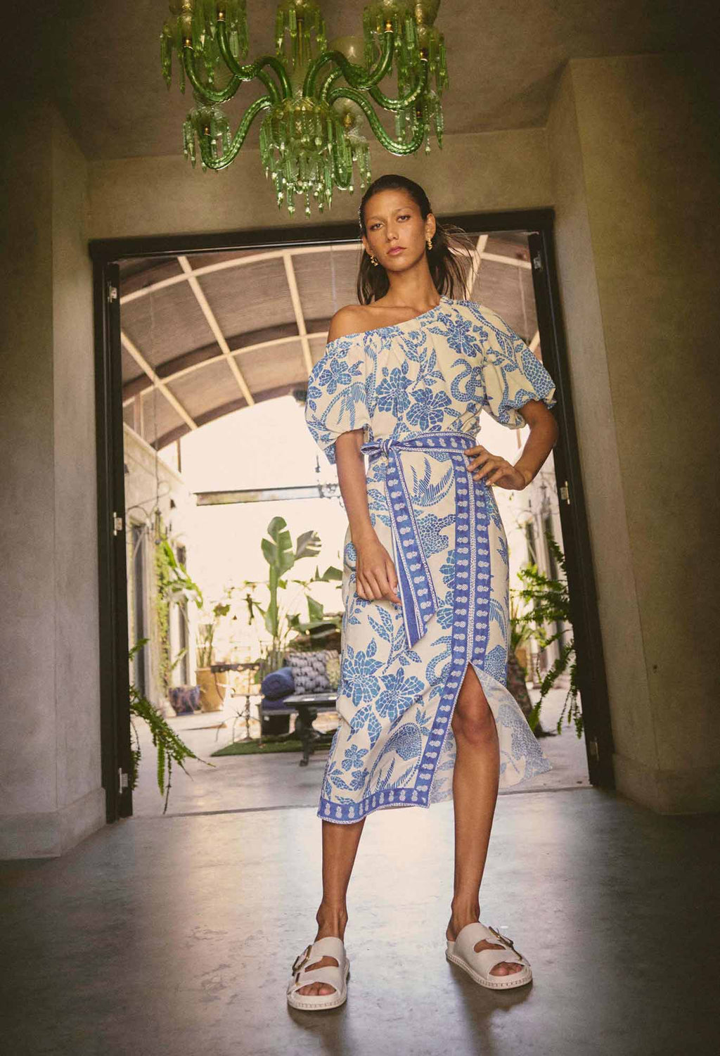 Shop Oncewas Zenobia Viscose Dobby Midi Skirt in Azure Mosaic - OnceWas