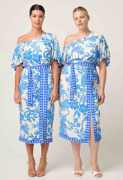 Shop Oncewas Zenobia Viscose Dobby Midi Skirt in Azure Mosaic - OnceWas