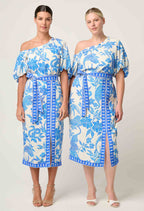 Shop Oncewas Zenobia Viscose Dobby Midi Skirt in Azure Mosaic - OnceWas