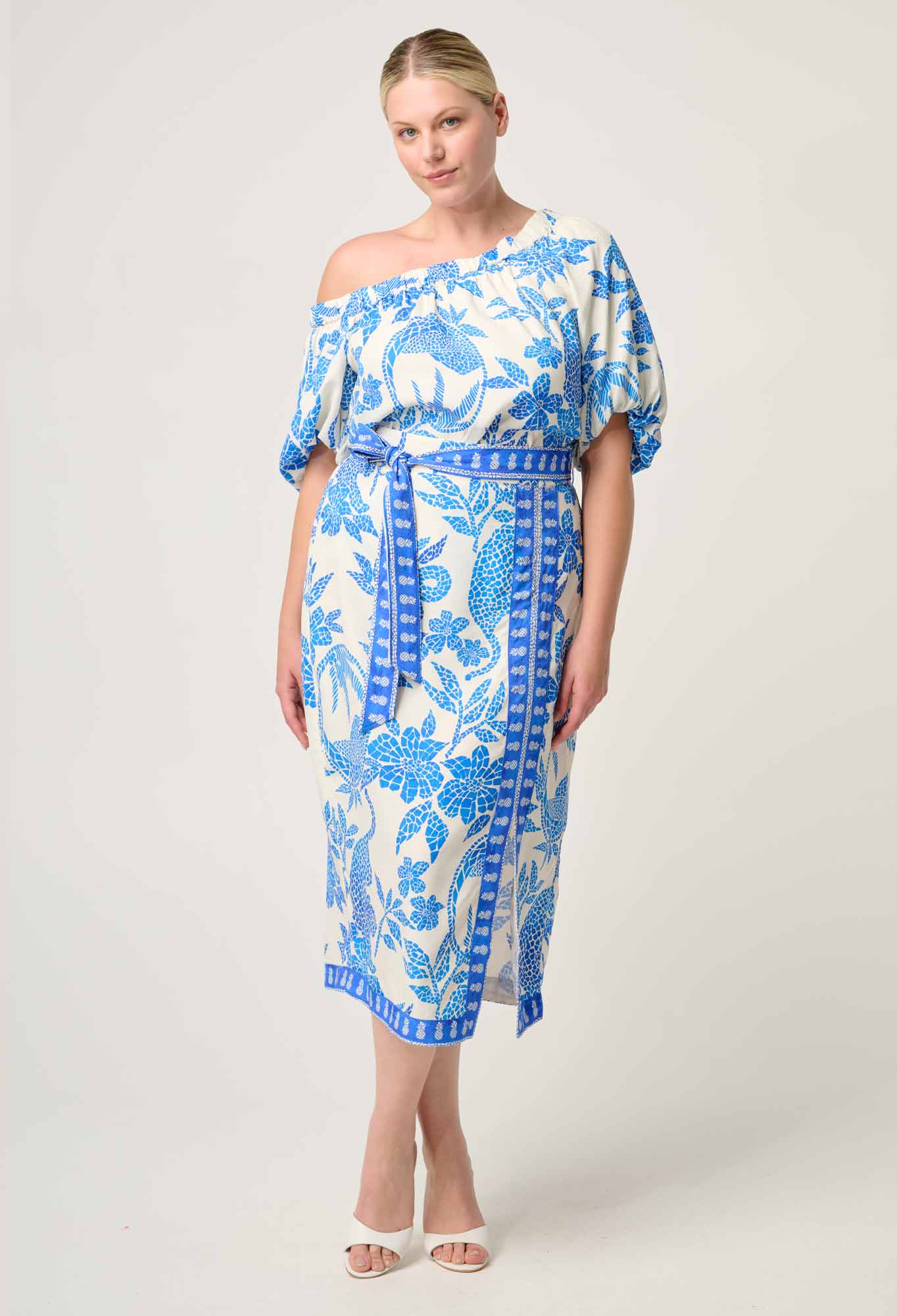Shop Oncewas Zenobia Viscose Dobby Midi Skirt in Azure Mosaic - OnceWas