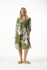 Oneseason Middy Poppy Cotton Dress in Khaki Swirl