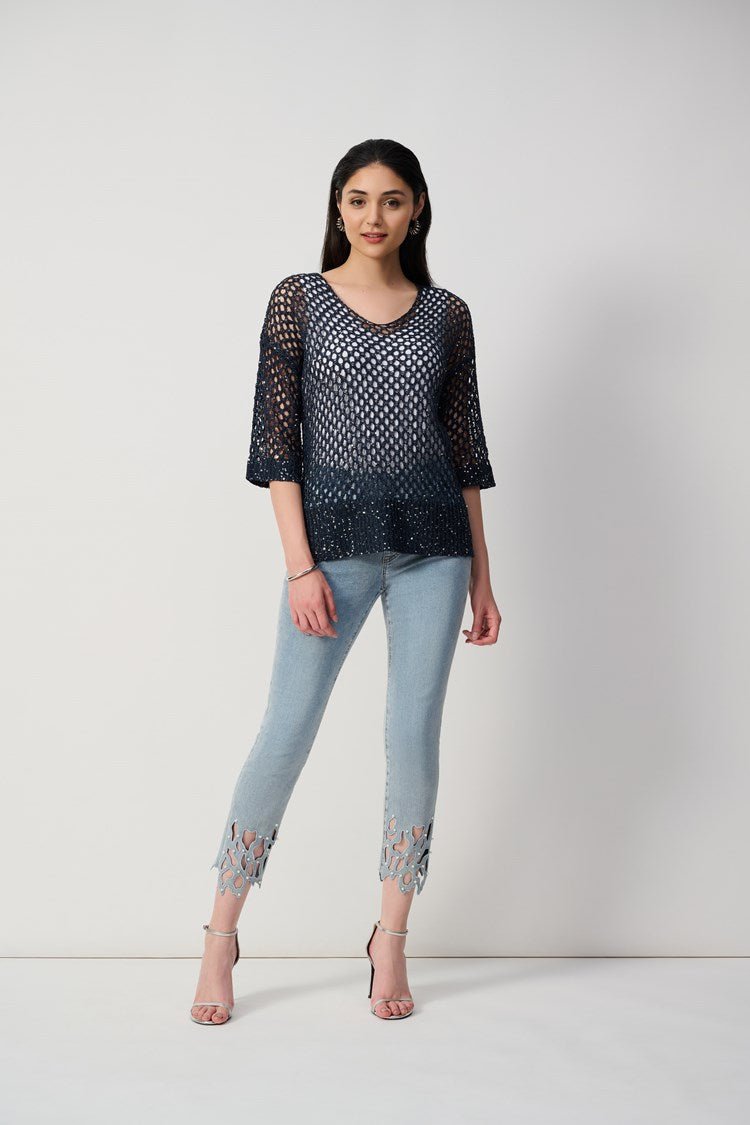 Shop Open Stitch Sweater with Sequins Style 241922S25 | Midnight Blue - JOSEPH RIBKOFF