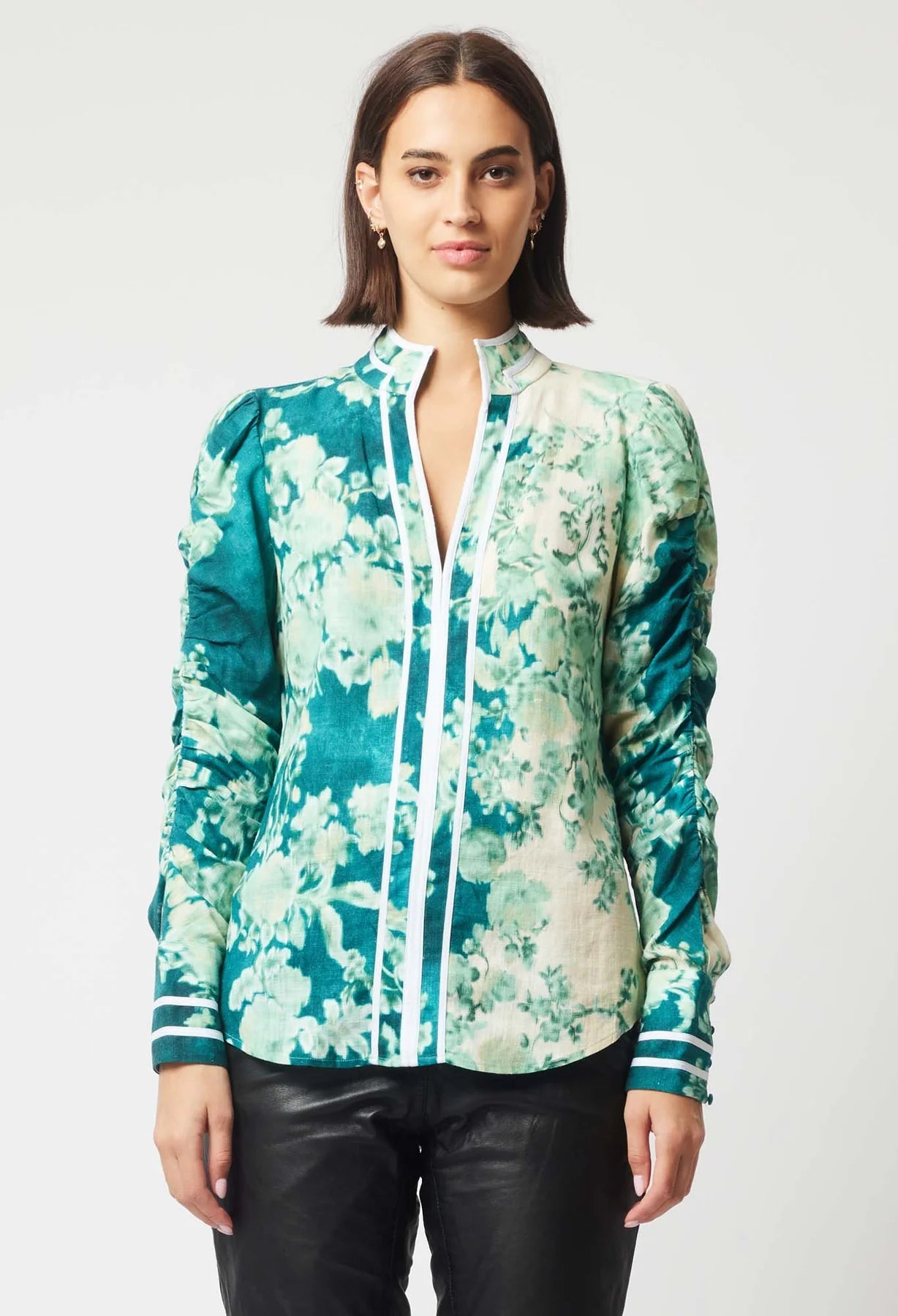 Shop Pavillion Linen Viscose Gathered Sleeve Shirt │ Jade Floral - ONCEWAS