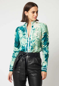 Shop Pavillion Linen Viscose Gathered Sleeve Shirt │ Jade Floral - ONCEWAS