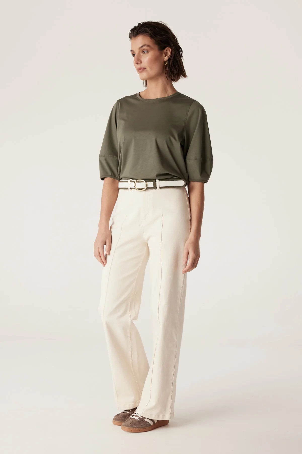 Shop Pima Lantern Sleeve Top | Khaki - Cable Melbourne