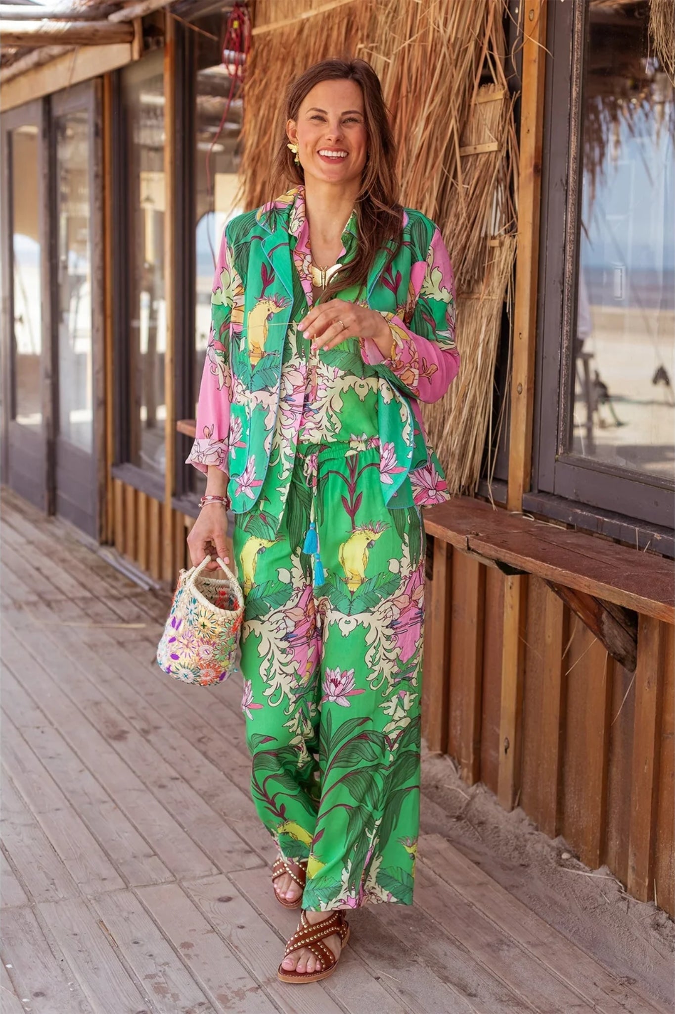 Shop Place du Soleil Green Birds Pants - Place du Soleil