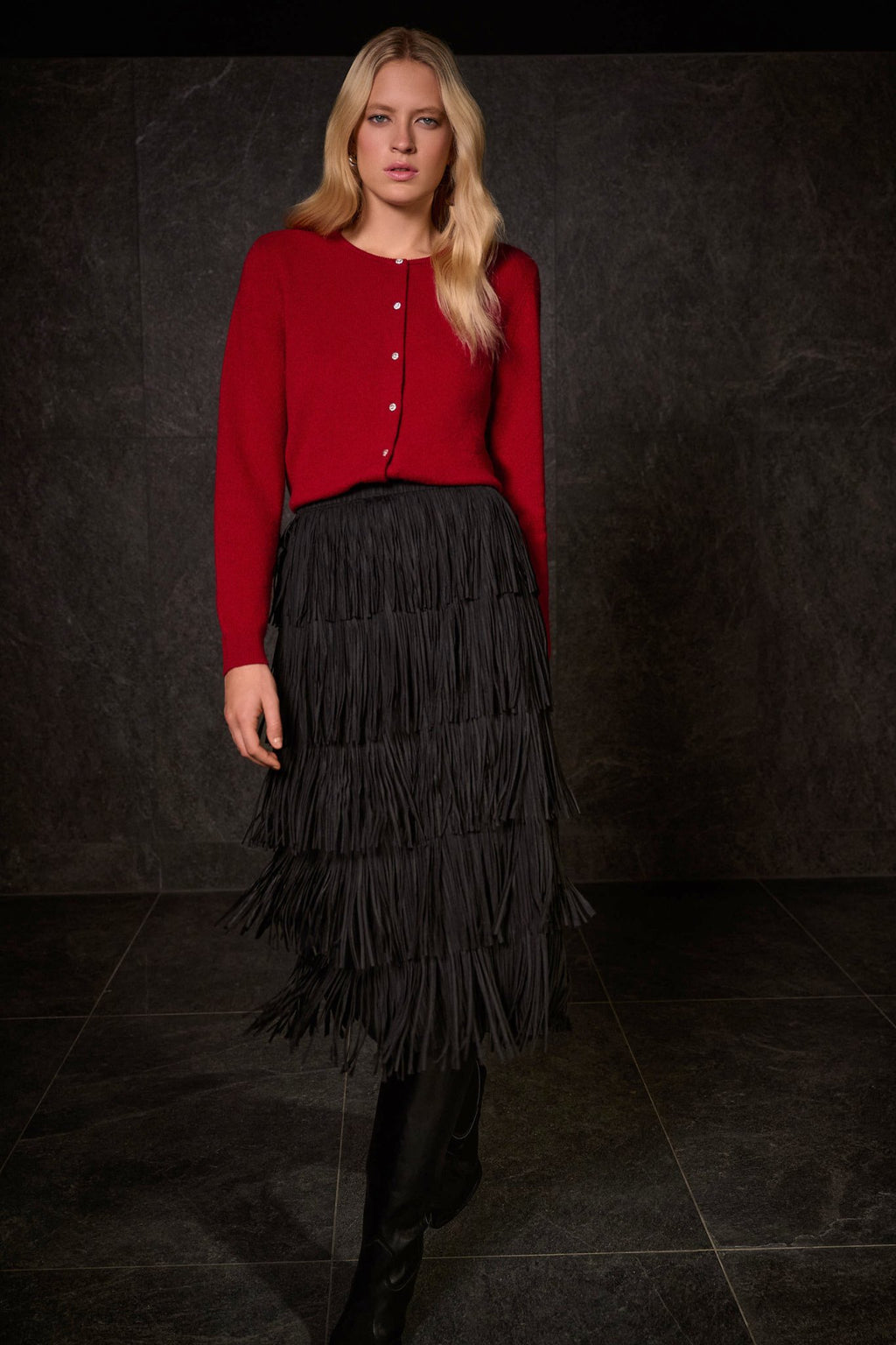 Shop Pleated Pencil Skirt with Tiered Fringe - Joseph Ribkoff