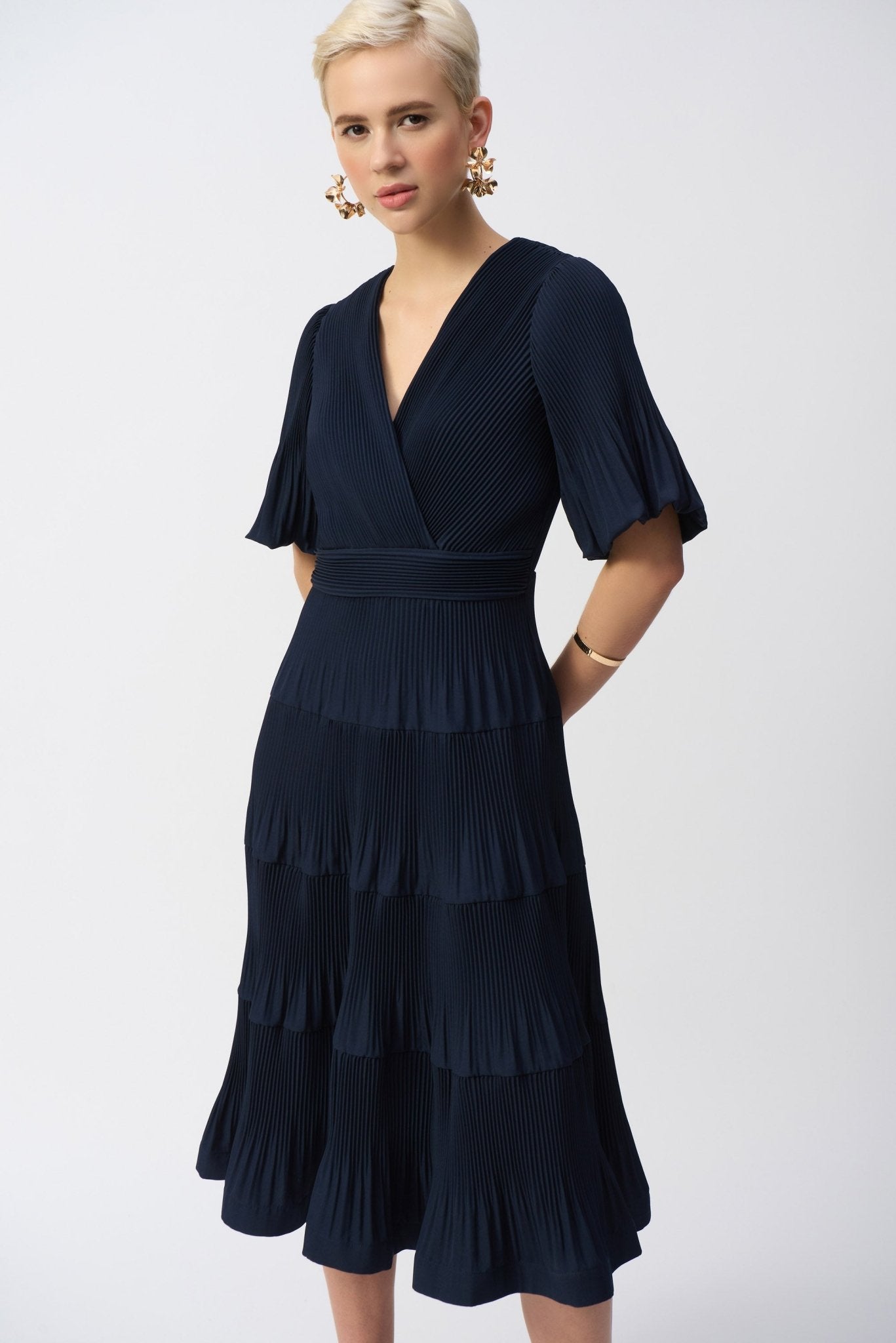 Shop Pleated Woven Fit And Flare Dress Style 251905│ Midnight Blue - Joseph Ribkoff