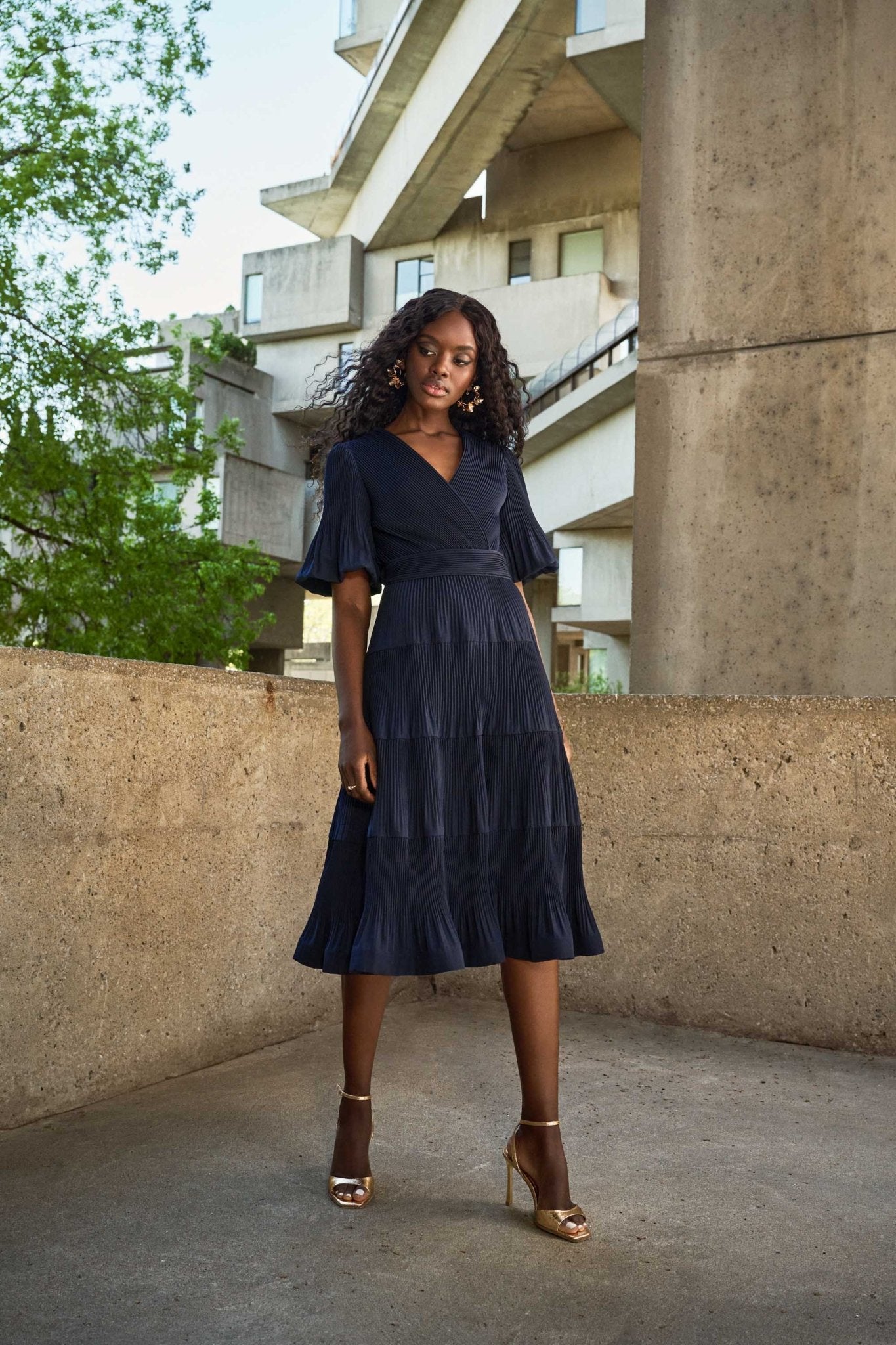 Shop Pleated Woven Fit And Flare Dress Style 251905│ Midnight Blue - Joseph Ribkoff