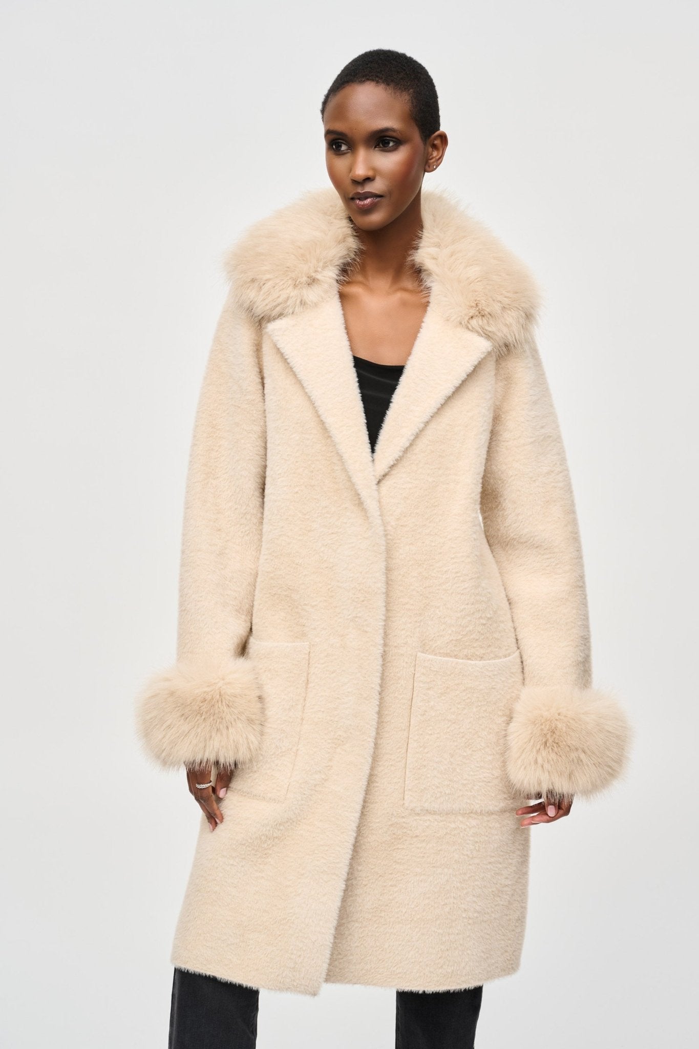 Shop PRE - ORDER Feather Yarn and Faux Fur Sweater Coat 243923 │ Champagne - Joseph Ribkoff