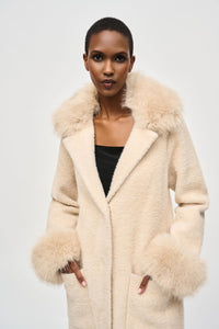 Shop PRE - ORDER Feather Yarn and Faux Fur Sweater Coat 243923 │ Champagne - Joseph Ribkoff