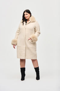 Shop PRE - ORDER Feather Yarn and Faux Fur Sweater Coat 243923 │ Champagne - Joseph Ribkoff