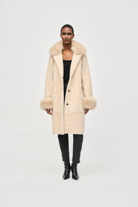 Shop PRE - ORDER Feather Yarn and Faux Fur Sweater Coat 243923 │ Champagne - Joseph Ribkoff