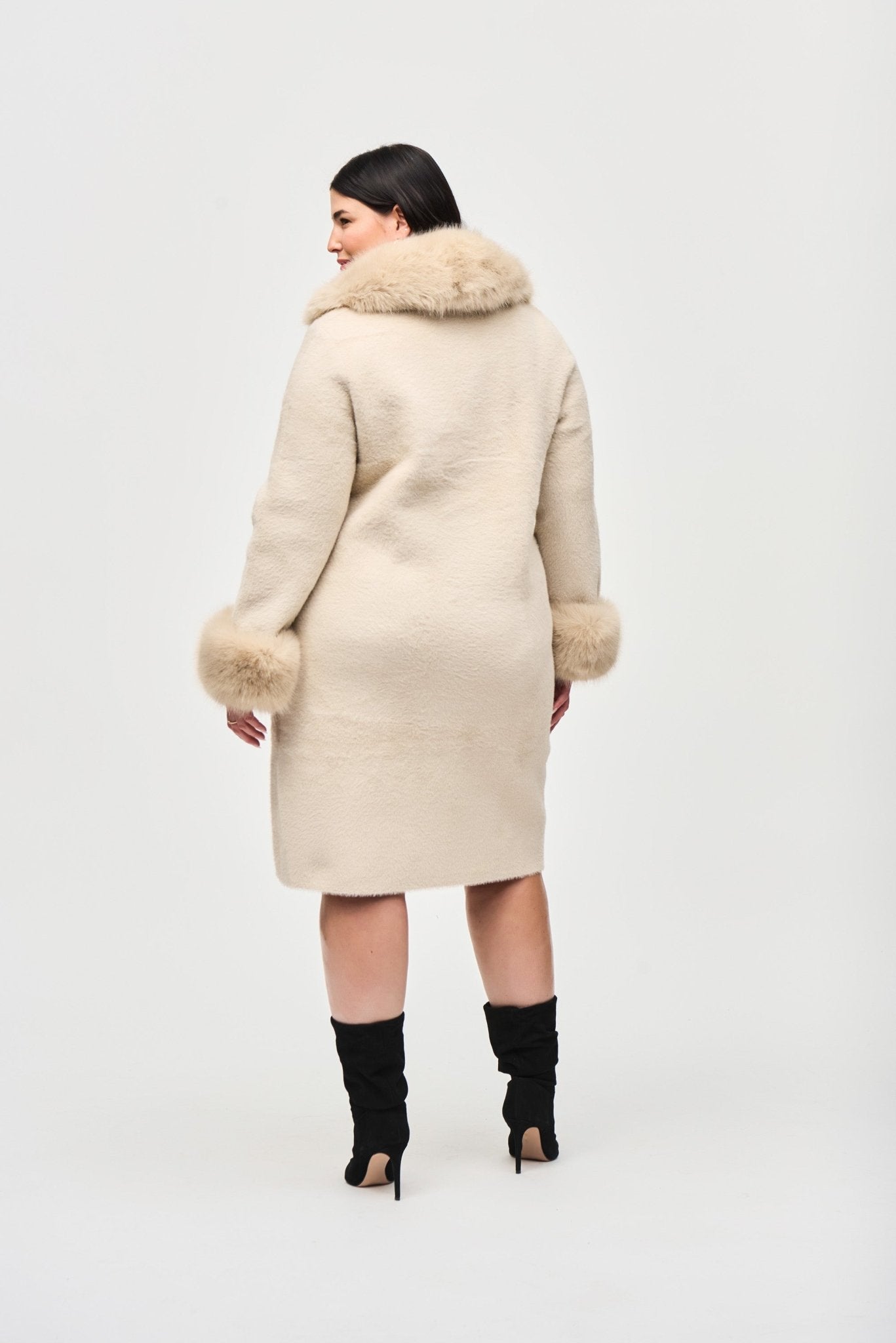 Shop PRE - ORDER Feather Yarn and Faux Fur Sweater Coat 243923 │ Champagne - Joseph Ribkoff