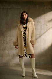 Shop PRE - ORDER Feather Yarn and Faux Fur Sweater Coat 243923 │ Champagne - Joseph Ribkoff