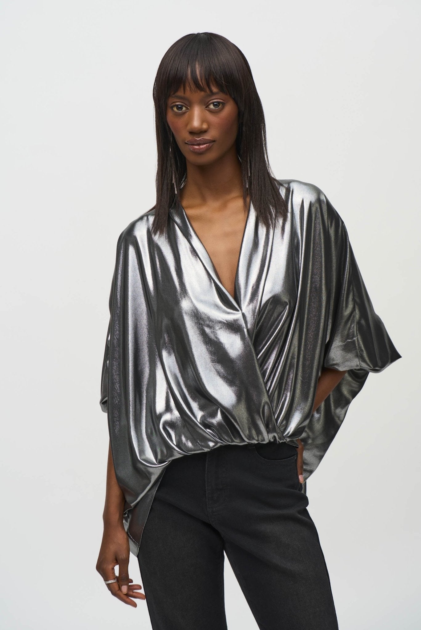 Shop PRE - ORDER Joseph Ribkoff Metallic Foiled Chiffon Wrap Top Style 244232| Pewter - Joseph Ribkoff