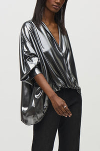 Shop PRE - ORDER Joseph Ribkoff Metallic Foiled Chiffon Wrap Top Style 244232| Pewter - Joseph Ribkoff