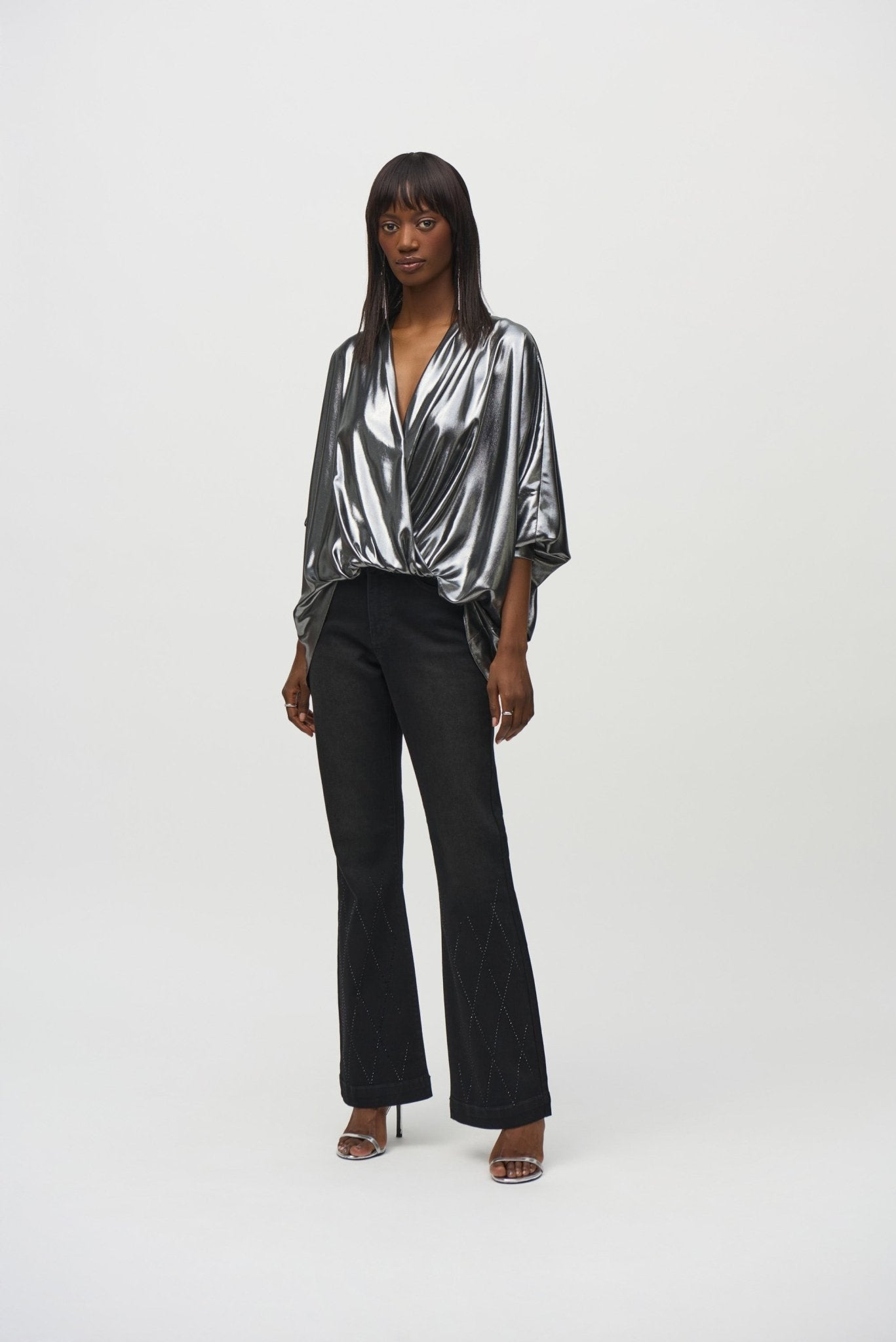 Shop PRE - ORDER Joseph Ribkoff Metallic Foiled Chiffon Wrap Top Style 244232| Pewter - Joseph Ribkoff