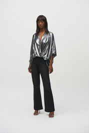 Shop PRE - ORDER Joseph Ribkoff Metallic Foiled Chiffon Wrap Top Style 244232| Pewter - Joseph Ribkoff