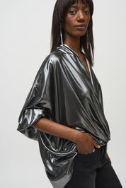 Shop PRE - ORDER Joseph Ribkoff Metallic Foiled Chiffon Wrap Top Style 244232| Pewter - Joseph Ribkoff