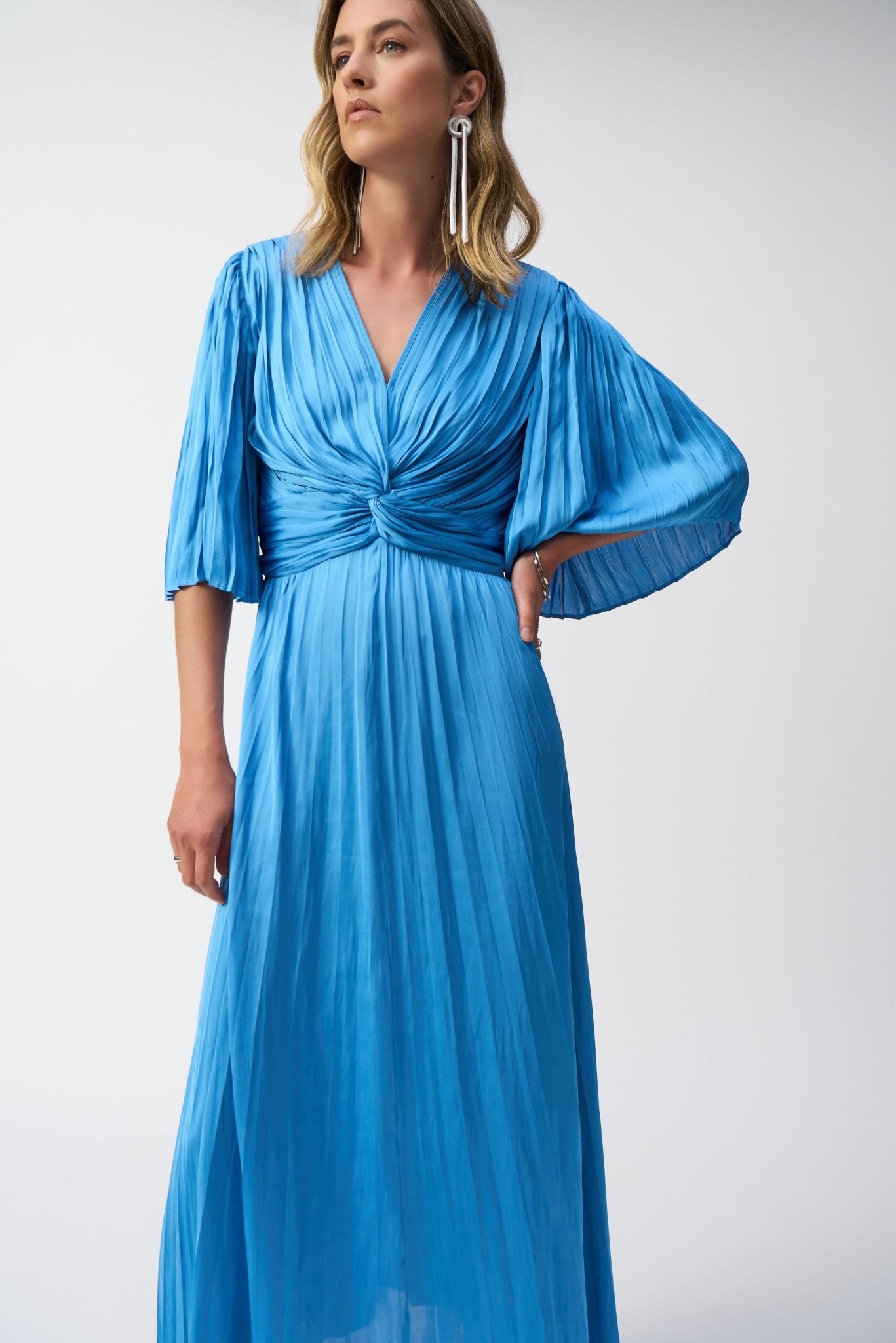 Shop PRE - ORDER Joseph Ribkoff Pleated Satin Midi Dress Style 251903│ Coastal Blue - Joseph Ribkoff