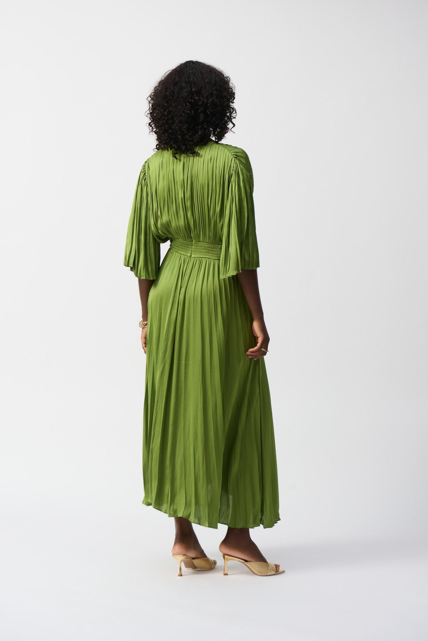 Shop PRE - ORDER Joseph Ribkoff Pleated Satin Midi Dress Style 251903│ Greenery - Joseph Ribkoff