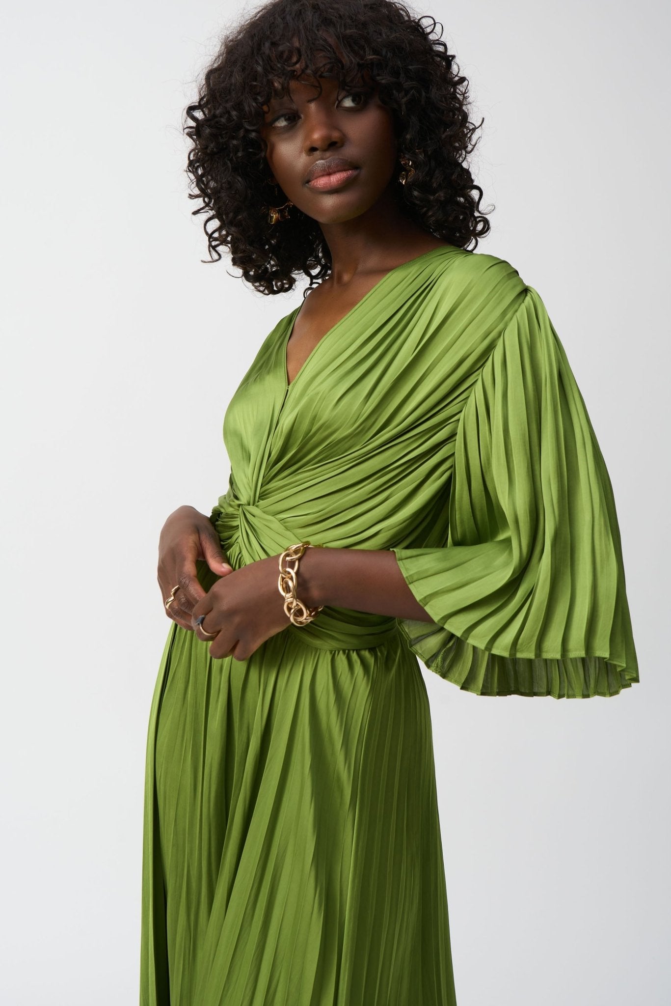 Shop PRE - ORDER Joseph Ribkoff Pleated Satin Midi Dress Style 251903│ Greenery - Joseph Ribkoff