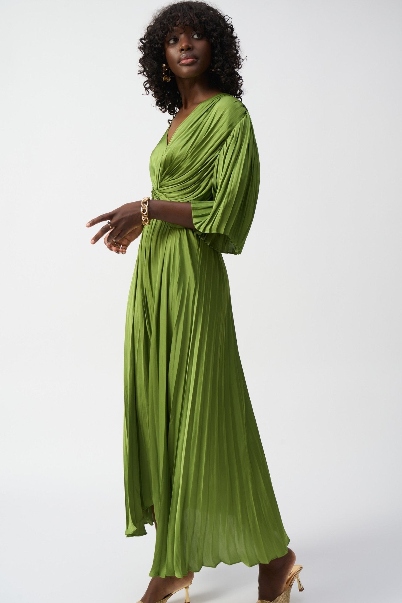 Shop PRE - ORDER Joseph Ribkoff Pleated Satin Midi Dress Style 251903│ Greenery - Joseph Ribkoff