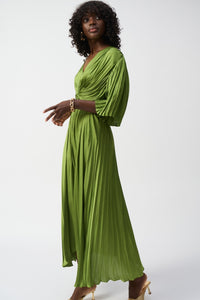 Shop PRE - ORDER Joseph Ribkoff Pleated Satin Midi Dress Style 251903│ Greenery - Joseph Ribkoff