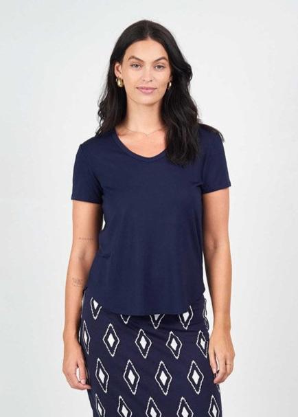 Shop PRE - ORDER Lou Lou Bamboo Veronica V - Neck Tee | Navy - Lou Lou Australia