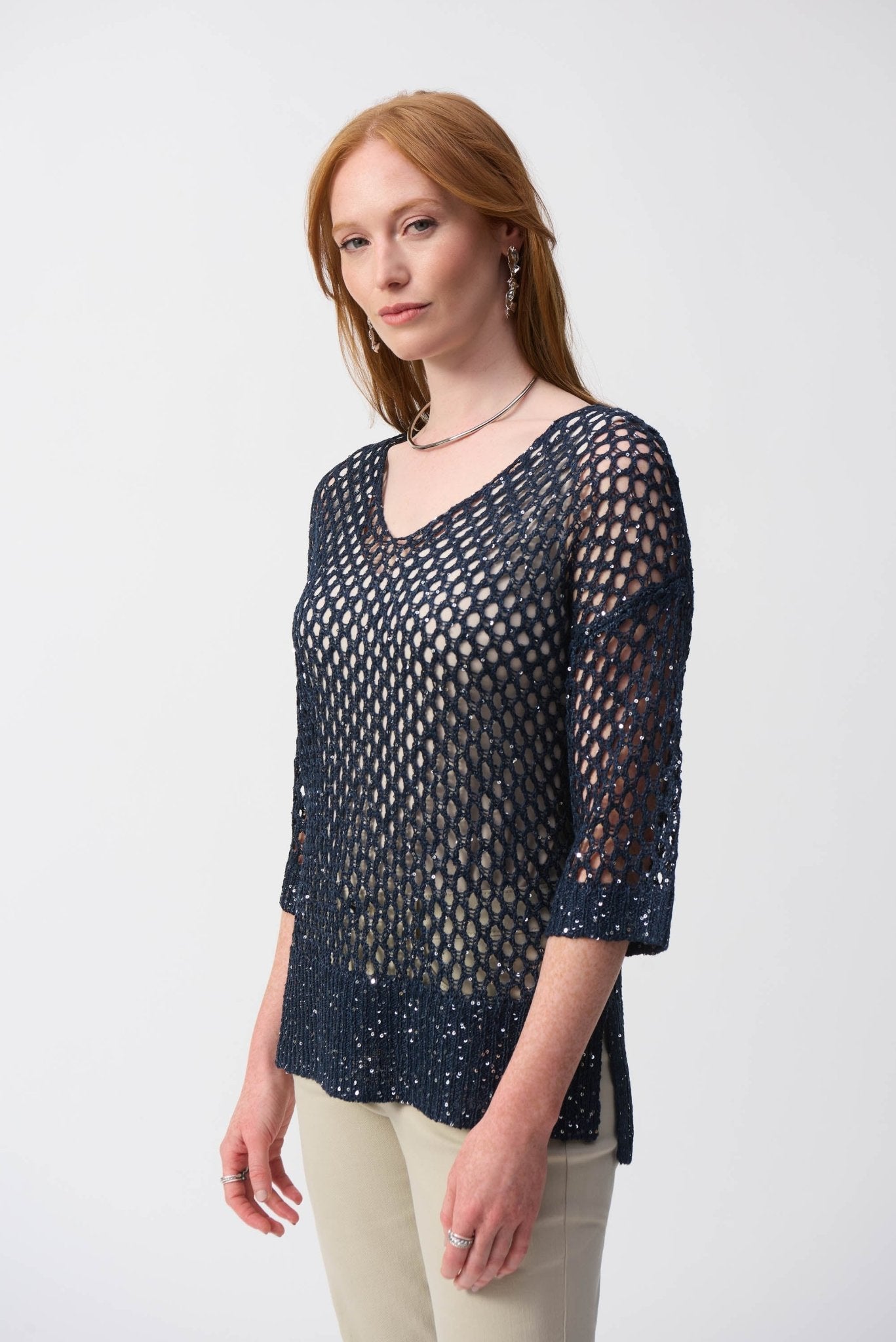 Shop PRE - ORDER Open Stitch Sweater with Sequins Style 241922S25 | Midnight Blue - JOSEPH RIBKOFF