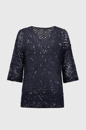 Shop PRE - ORDER Open Stitch Sweater with Sequins Style 241922S25 | Midnight Blue - JOSEPH RIBKOFF