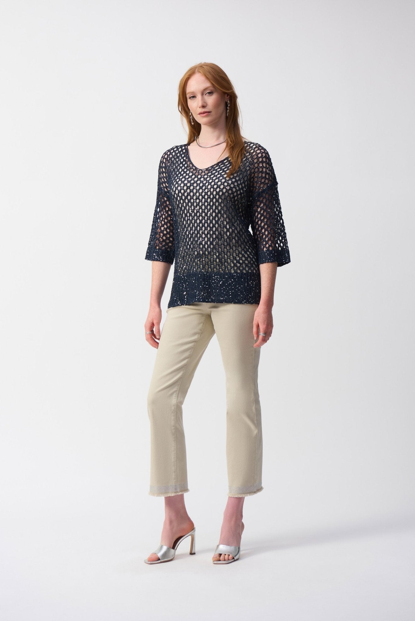 Shop PRE - ORDER Open Stitch Sweater with Sequins Style 241922S25 | Midnight Blue - JOSEPH RIBKOFF