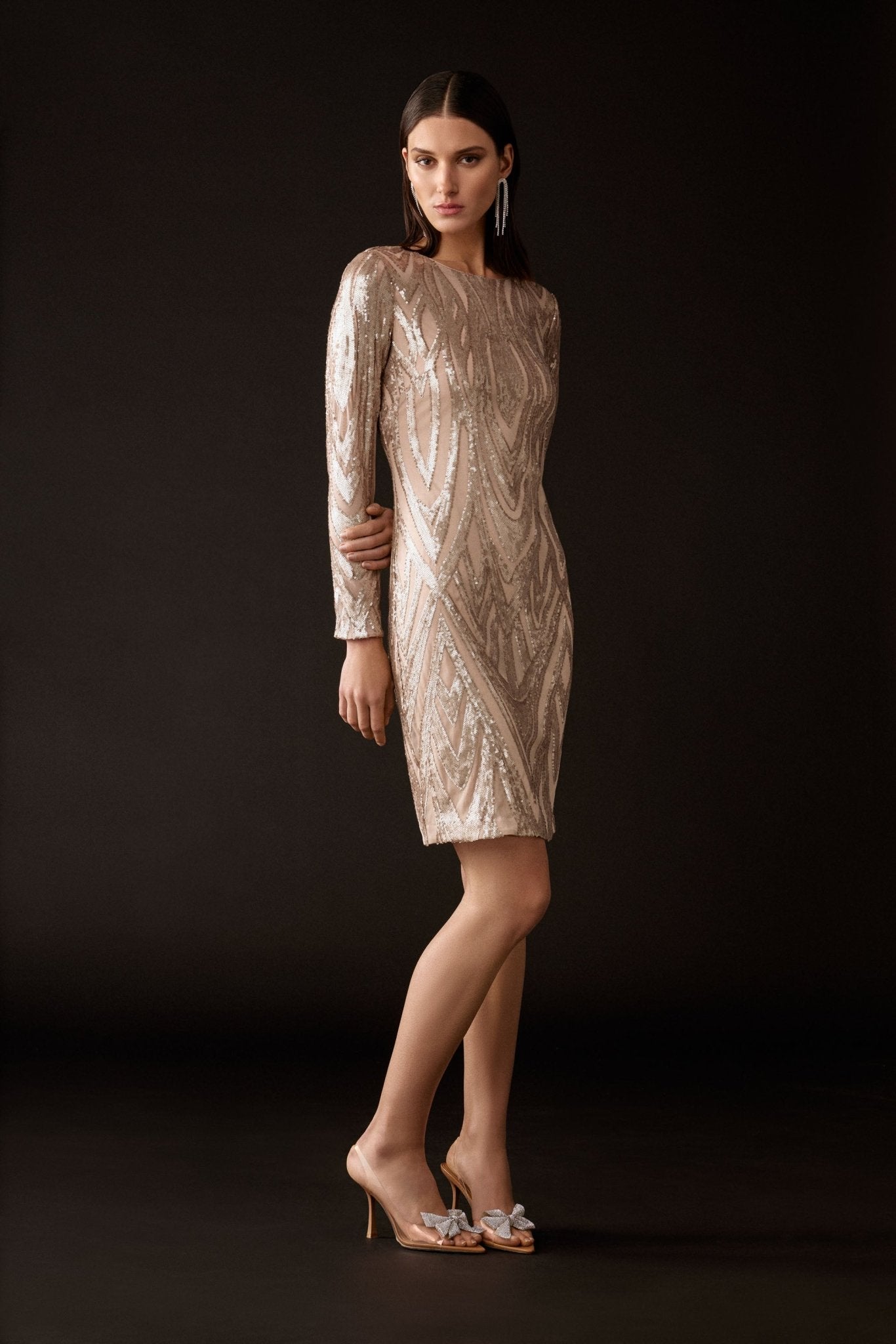 Shop PRE-ORDER Placement Sequins Sheath Dress Style 243774│ Matte Gold - Joseph Ribkoff