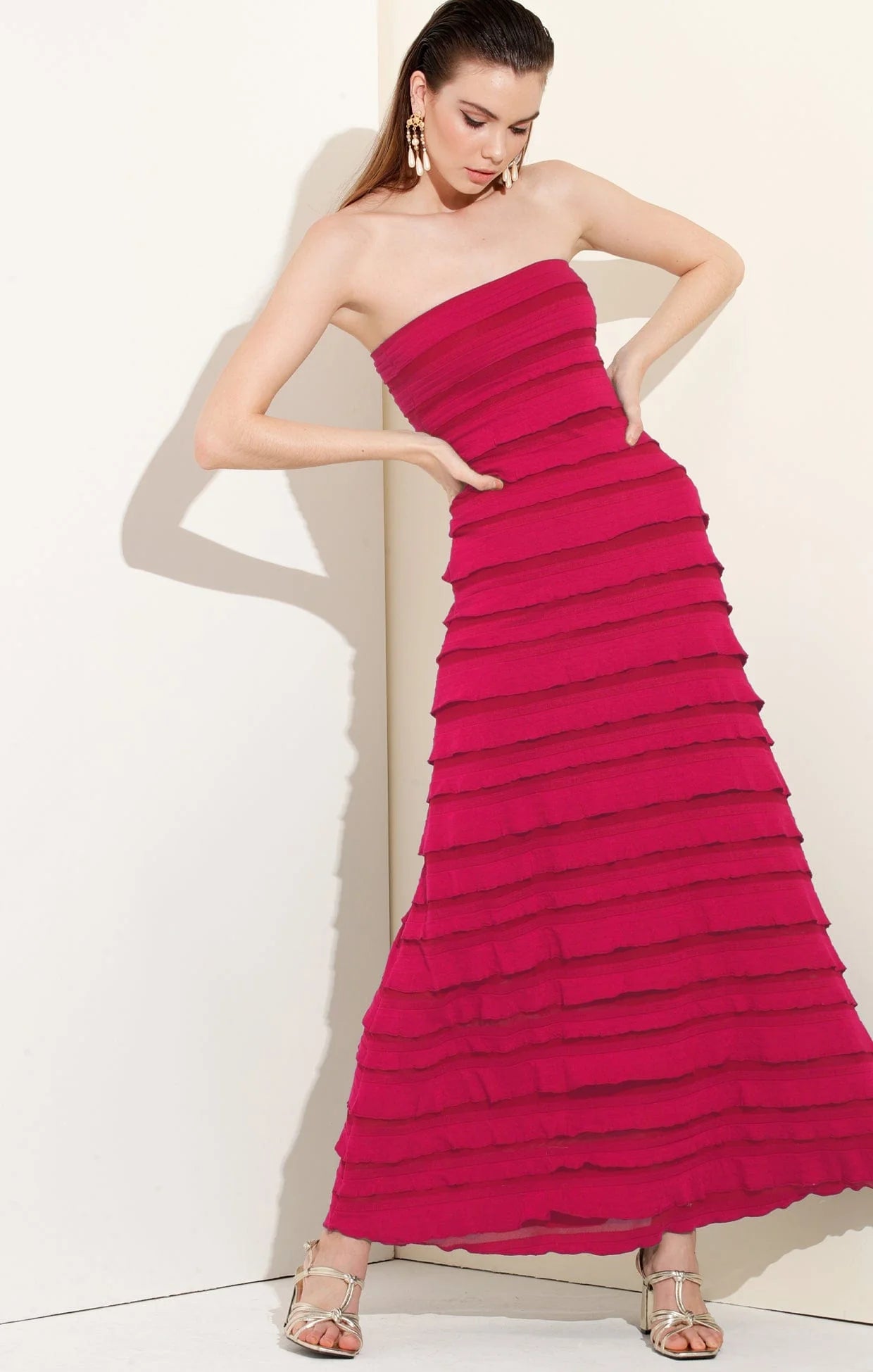 Shop PRE - ORDER Sacha Drake Maddison Tiered Strapless Maxi Dress | Raspberry Red - Sacha Drake