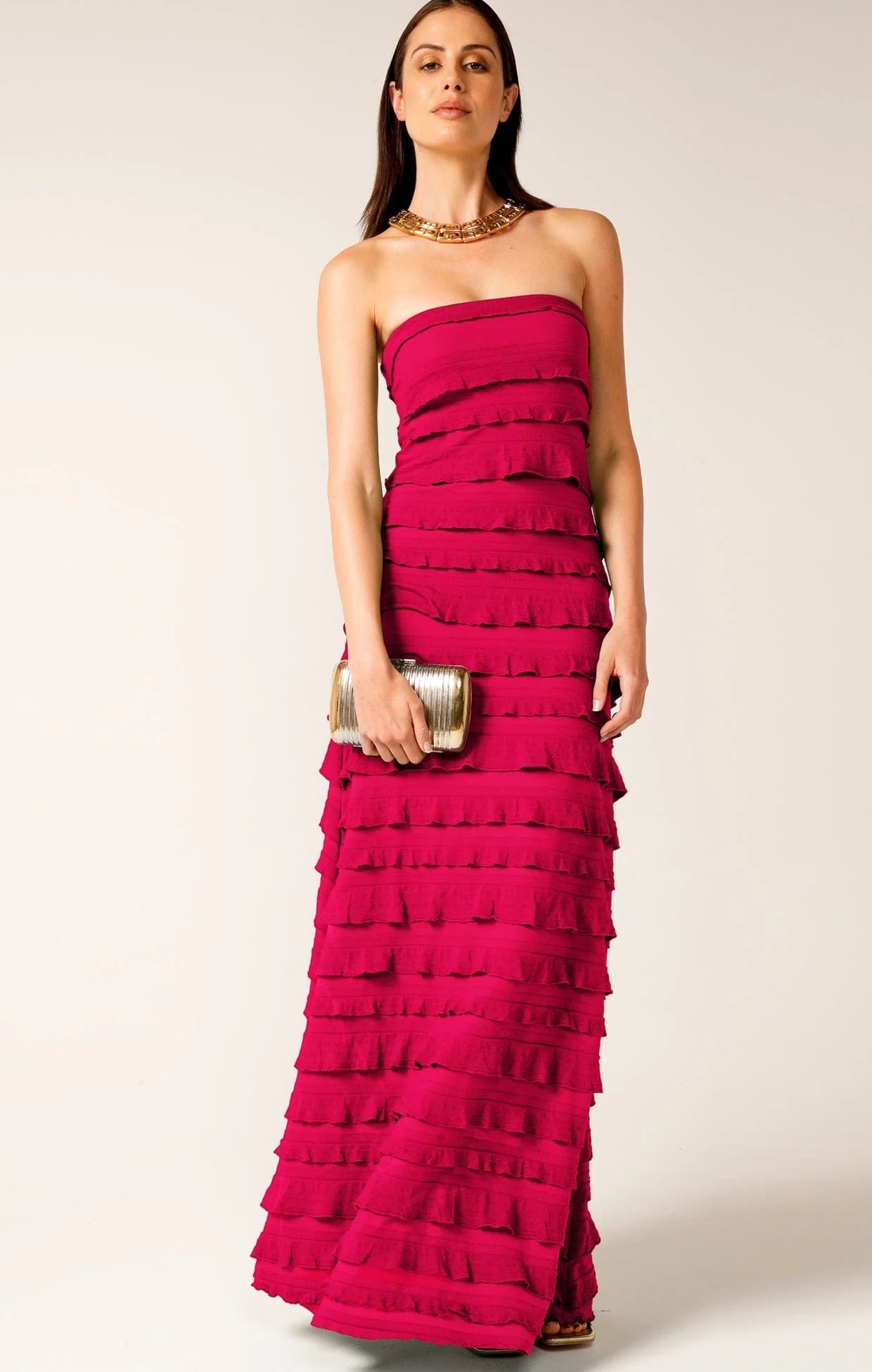 Shop PRE - ORDER Sacha Drake Maddison Tiered Strapless Maxi Dress | Raspberry Red - Sacha Drake