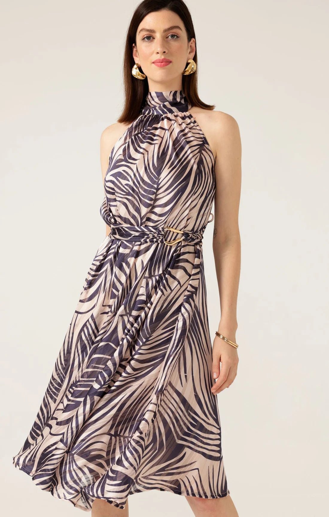 Shop PRE - ORDER Sacha Drake Palm Beach Halter Neck Midi Dress | Champagne Palm Print - Sacha Drake