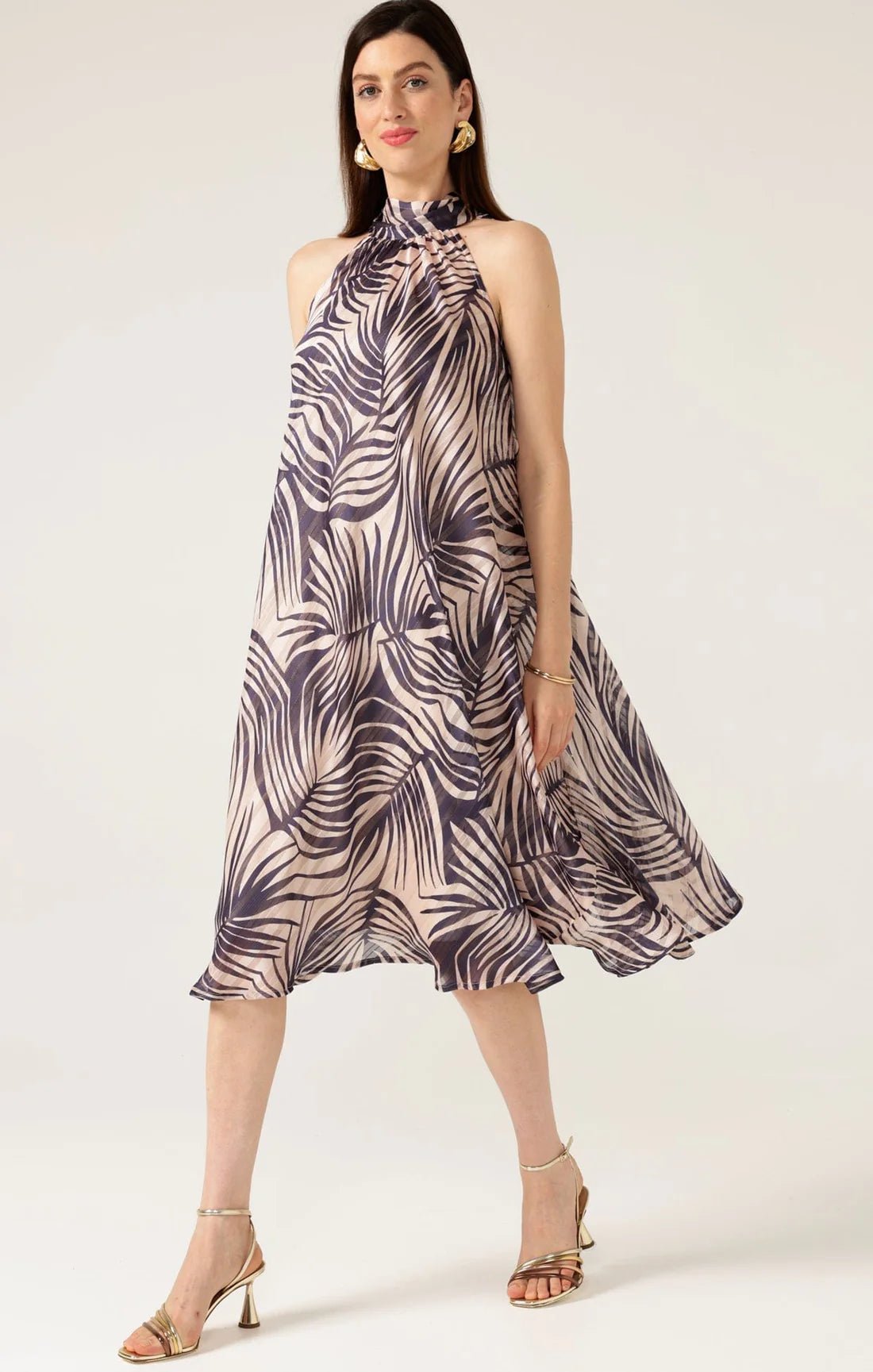 Shop PRE - ORDER Sacha Drake Palm Beach Halter Neck Midi Dress | Champagne Palm Print - Sacha Drake