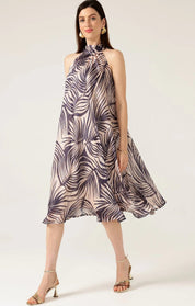 Shop PRE - ORDER Sacha Drake Palm Beach Halter Neck Midi Dress | Champagne Palm Print - Sacha Drake