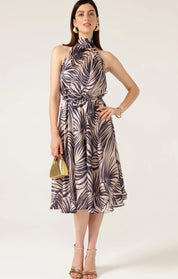 Shop PRE - ORDER Sacha Drake Palm Beach Halter Neck Midi Dress | Champagne Palm Print - Sacha Drake