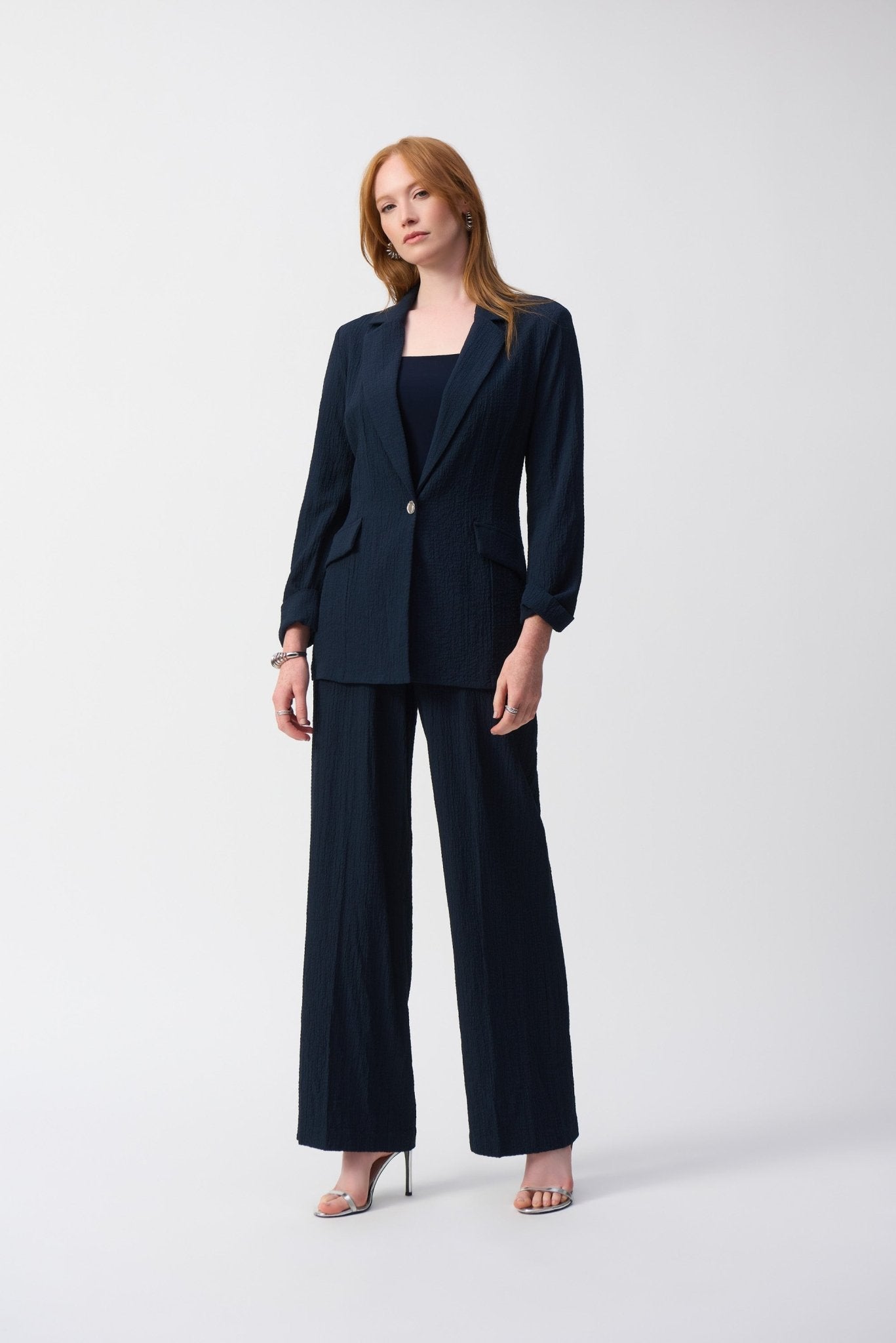 Shop PRE - ORDER Seersucker Straight Blazer Style 251082 | Midnight Blue - Joseph Ribkoff