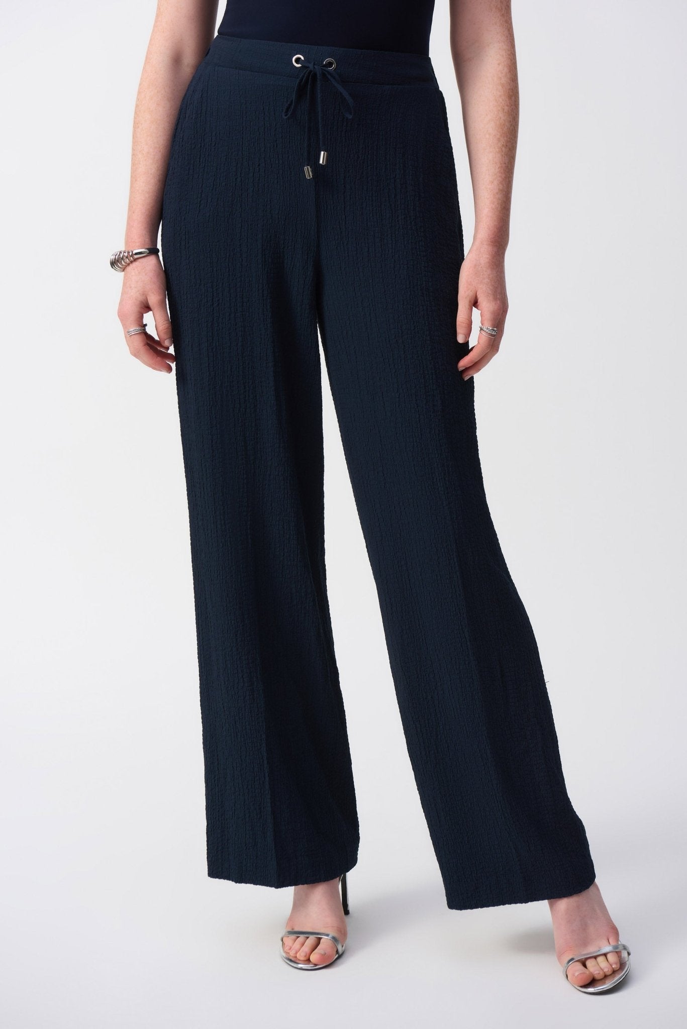 Shop PRE - ORDER Seersucker Wide Leg Pull - On Pants Style 251082 | Midnight Blue - Joseph Ribkoff