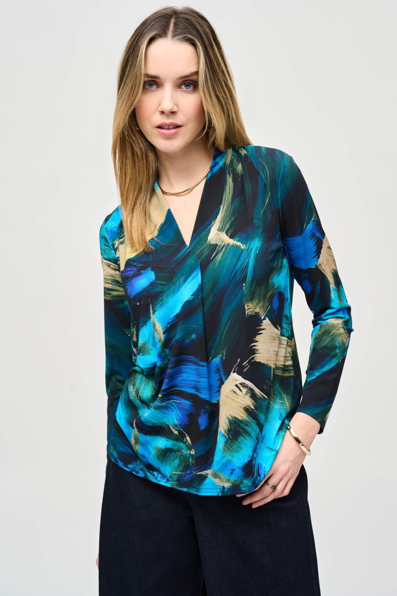 Shop PRE-ORDER Silky Knit Abstract Print Top Style 243293 | Black Multi - Joseph Ribkoff