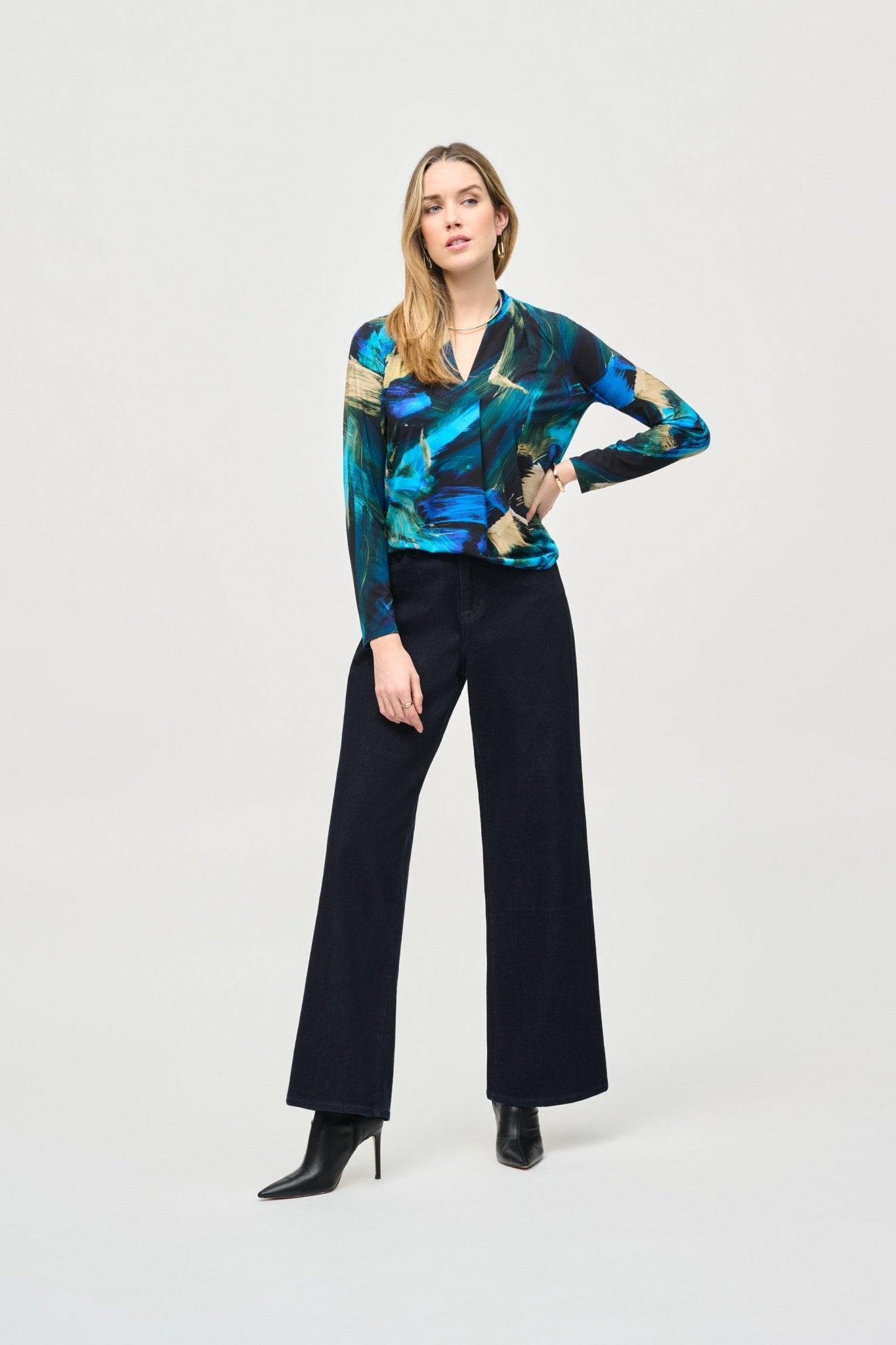 Shop PRE-ORDER Silky Knit Abstract Print Top Style 243293 | Black Multi - Joseph Ribkoff